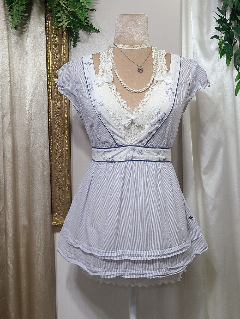 ♡ Y2K ♡ Abercrombie Cotton Striped Floral Babydoll Tie Back Cottagecore Top